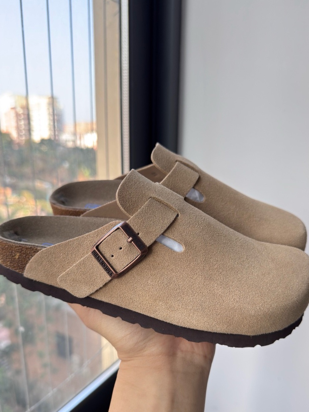 Birkenstock Boston taupe suede mule clogs